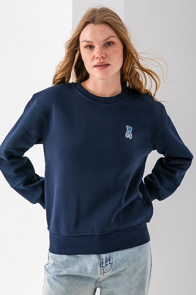 GİYSA Women's Crew Neck Stone Teddy Bear Embroidered 3-Strand Sweatshirt Navy Blue - 2625