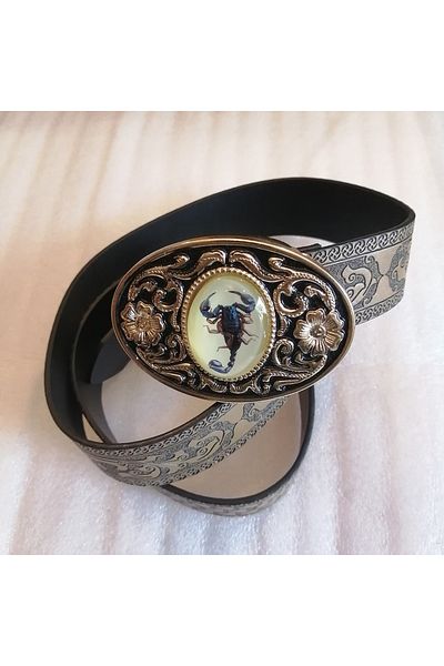 Butik Tülin Unisex Authentic Faux Leather Beige Flower Printed Gold Floral Scorpion Stone Cowboy Buckle Belt