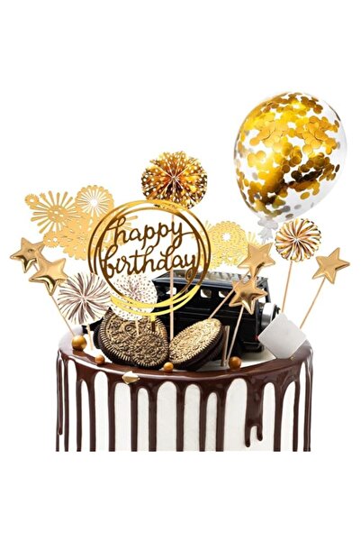 Generic مجموعة زينة الكيك SYOSI، 13 قطعة، زينة الكب كيك مع مراوح ورقية ذهبية،...