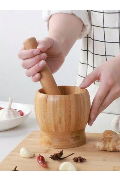 MİS KİTCHEN Doğal Bambu Sarımsak Ezeceği - Ahşap Ağaç Havan Sarımsak Döveceği