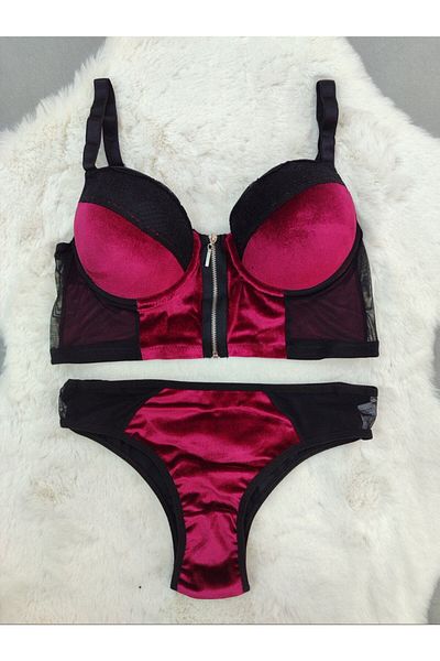 Love Angels - Economical Front Opening Zippered Velvet Fabric Soft Padded Bra - Underwear Set