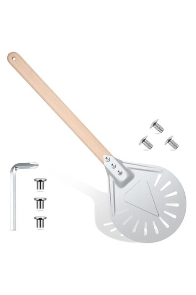 Generic مقشرة بيتزا دائرية مثقبة من باتيلاي بمقبض خشبي مضاد للحروق مقاس 16 بو...