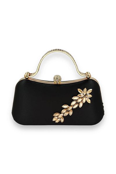 Famels Satin Evening Dress Bag Silver Crystal Stone Gold Metal Handle Evening Dress Bag