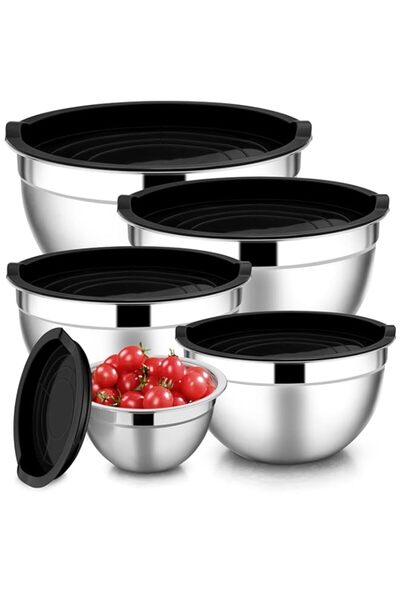 Generic مجموعة أوعية خلط إي-فار مع أغطية من 5 قطع، أوعية خلط من الفولاذ المقا...