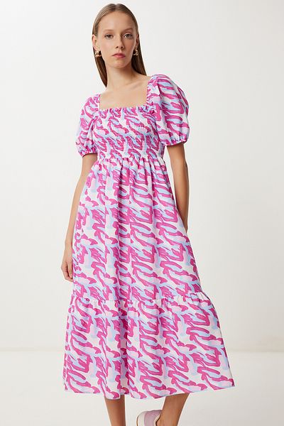 Lovelyİstanbul Balloon Sleeve Patterned Woven Dress Lfg0119 Pink