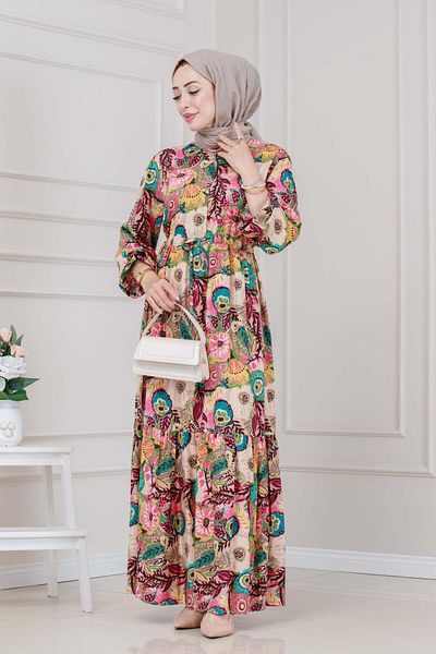 Sevitli Floral Viscon Dress with Tunnel at the Waist-Pink