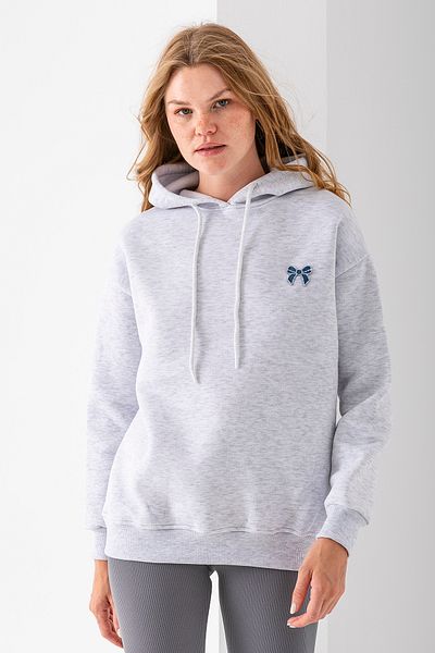 GİYSA Women's Hooded Stone Bow Embroidered 3-Strand Sweatshirt Gray - 2623