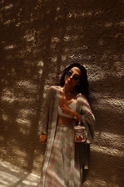 Özge Özgenç Floral Patterned Self Patterned Belted Kimono