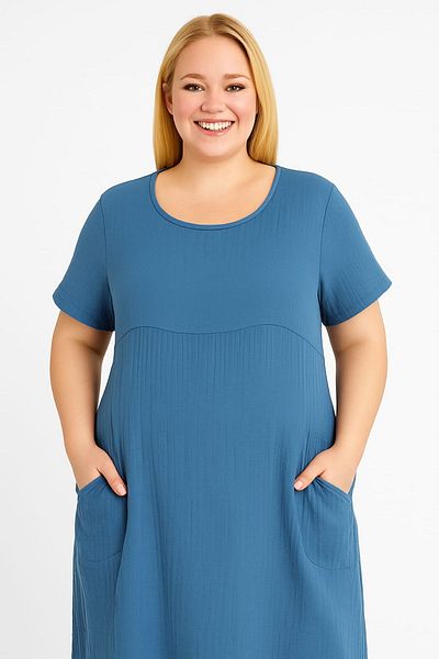enmodaiçgiyim Plus Size 100% Cotton Muslin Fabric Blue Knee-Length Women's Dress – Side Pockets, Comfortable Fit Summer