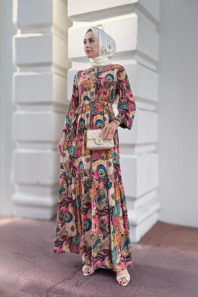 Sevitli Floral Viscon Dress with Tunnel at the Waist-Pink