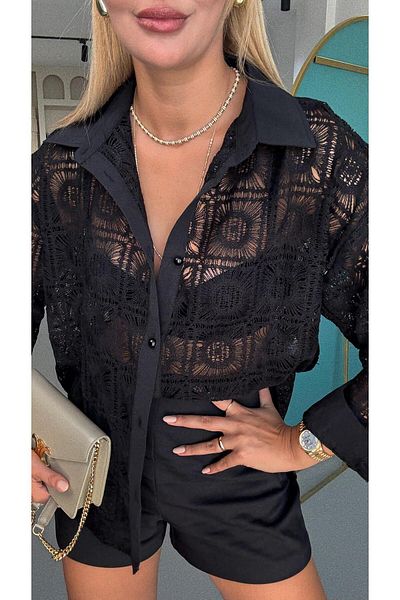 Sezgi Tekin Motif Detail Black Lace Shirt