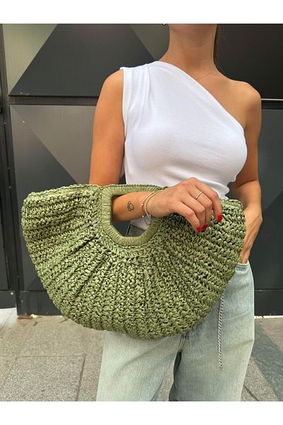 Tina İstanbul Square Handle Knitted Straw Hand and Shoulder Bag Green