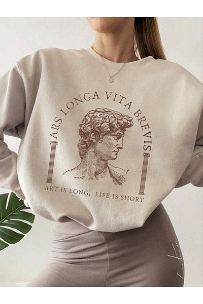 uyguntarz Unisex Ars Longa Vita Brevis Printed Oversize Crew Neck