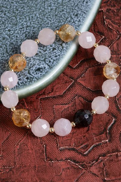 Saff Doğal Taş Certified Pink Quartz & Amethyst & Faceted Citrine Bracelet