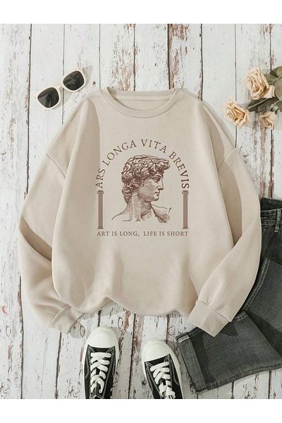 uyguntarz Unisex Ars Longa Vita Brevis Printed Oversize Crew Neck