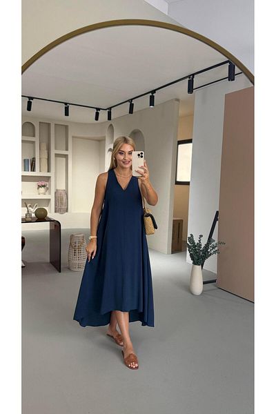 Sezgi Tekin V-Neck Navy Blue Modal Asymmetrical Dress