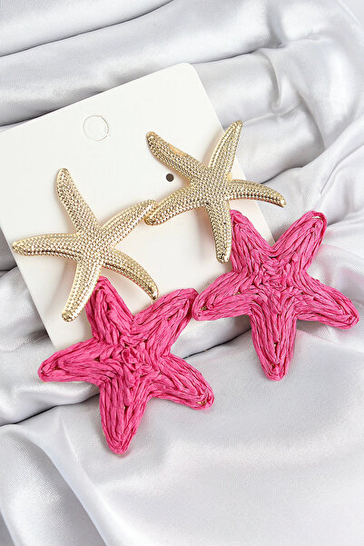 Belle Fusion Bfs Brass Dangle Pink Starfish Model Gold Color Straw Earrings