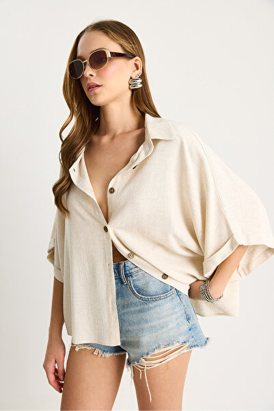 Bianco Lucci Women's Bat Sleeve Oversized Viscose Linen Shirt 60282031