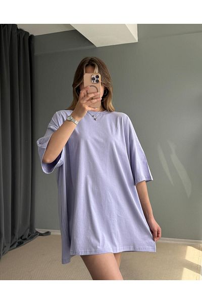 AlisaSu Lilac 100% Cotton Basic Crew Neck Oversize T-Shirt