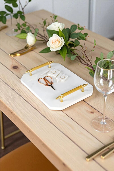 Simona Home Bathroom Set with Wooden Stand, Black Marble Tray, Candle, Natural