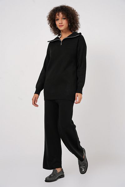 Merterium Women's Zippered Sweater Trousers Knitwear Double Set Black 1086
