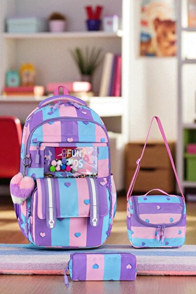 Shopiolog Kız İlkokul Ortopedik 3'Lü Set Kalemlik Beslenme Çanta 3 Bölmeli Su...