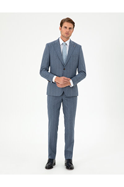 Pierre Cardin Koyu Mavi Slim Fit Çizgili Yün Kaşmir Karışımlı Takım Elbise 50291986-VR032