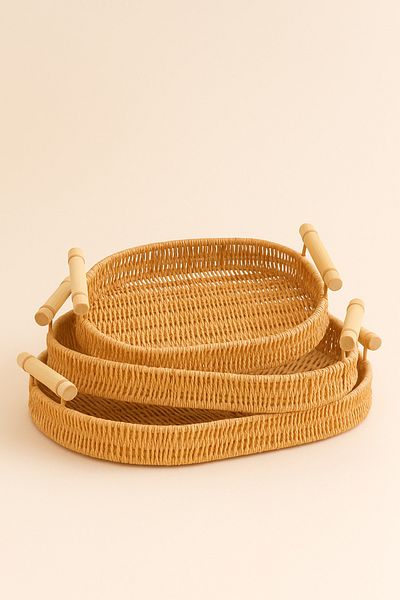 Fhilli Natura - Set of 3 Oval Rattan Wicker Serving and Presentation Trays Decorative Tray with Wooden Handles