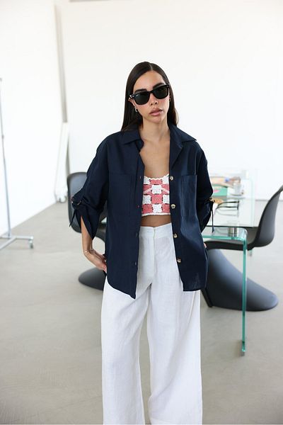 Özge Özgenç 100% Linen Oversize Sleeves Shirt with Belt Detail