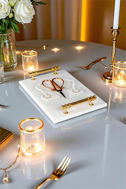 parlakcam Söz, Nişan Tepsisi Beyaz Mermer Tepsi Altın Kulplu Lüks Dikdörtgen ...