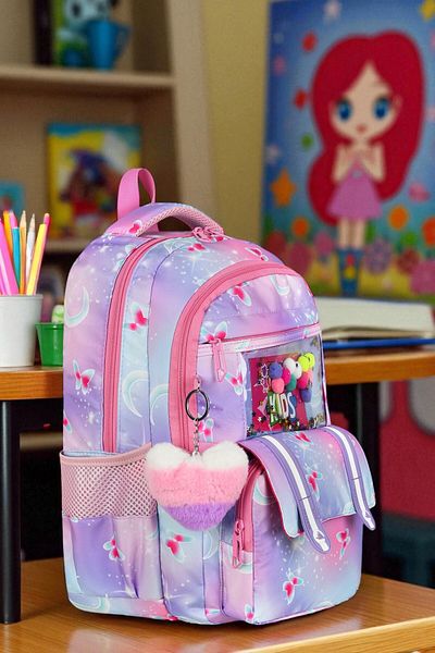 Shopiolog Girl's Primary School Orthopedic Set of 3 Pen Holder Lunch Bag with 3 Compartments Water Bottle