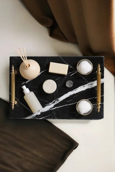 Simona Home Black Marble Tray with Gold Handles for Promise and Engagement Tray, Luxury Rectangle Presentation and Serving Tray