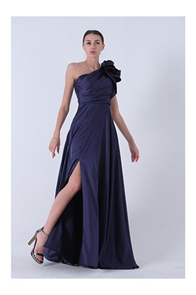 WeekJack فستان سهرة نسائي من الساتان باللون الأزرق الداكن بفيونكة على الكتف 5...