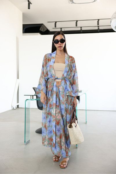 Özge Özgenç Floral Patterned Self Patterned Belted Kimono