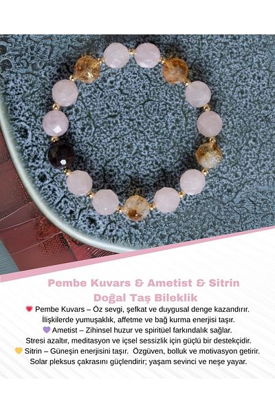 Saff Doğal Taş Certified Pink Quartz & Amethyst & Faceted Citrine Bracelet