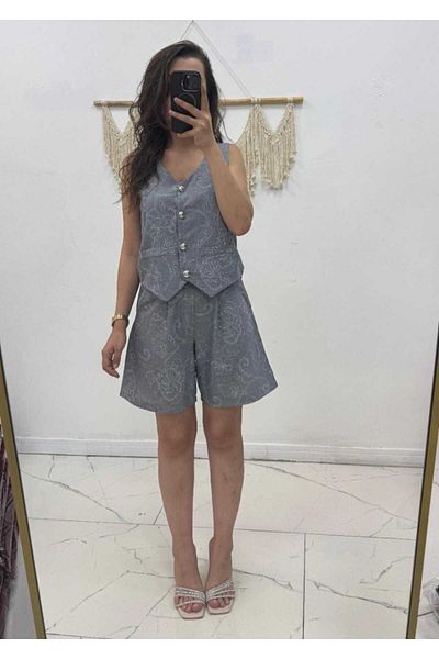 Maison La Femme Women's Suit Patterned Linen Vest Shorts Suit