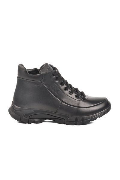 Voyager Black Genuine Leather Women's Flat Boots with Zipper and Lace Detail