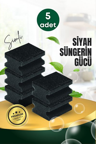 GRİMOR Life 5 Pieces Slotted Black Glitter Dish Sponge – Durable Pinterest Cleaning Sponge Set with Special Texture