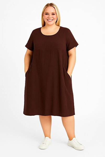 enmodaiçgiyim Plus Size 100% Cotton Muslin Fabric Dark Brown Knee-Length Women's Dress – Side Pockets, Comfortable Fit