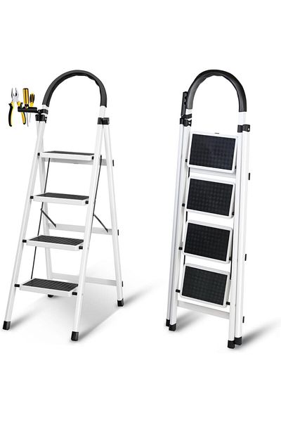 SKY TOUCH SKY-TOUCH Foldable 4-Step Ladder, Folding Step Stool With Wide Anti-Slip Pedal, Sturdy Steel Ladder