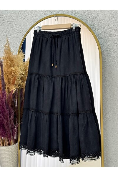 BENAHOLL Φούστα με δαντέλα Marilia με λεπτομέρειες και πτυχωτή ρυτιδωμένη φούστα-AA4198 Μαύρη