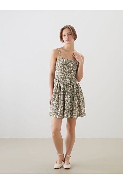 LC Waikiki Xside Khaki Floral Rope Strap Linen Look Mini Dress