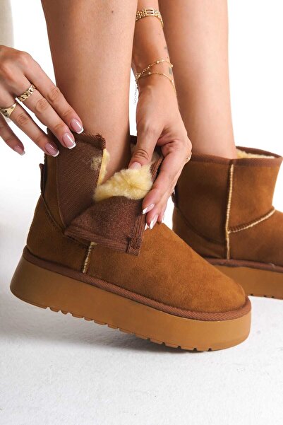 wolfcity uk Yüksek Taba Süet Yarım Bot Içi Tüylü DüzTaban Kadın Ayakkabı