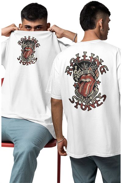 Fuddy Moda Unisex Rolling Stones Tattoo Back Printed T-Shirt, Oversize Rock Music Themed T-Shirt