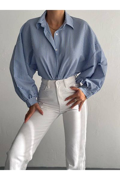 02Lady Fashion Balloon Sleeve Overize Stripes Shirt