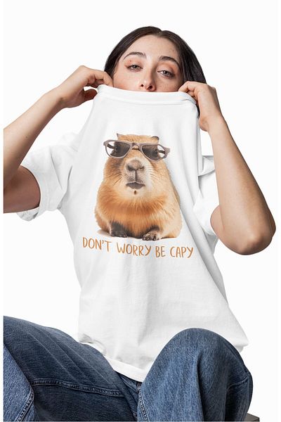 Fuddy Moda Tricou unisex Dont Worry Be Capy scris, tricou oversize cu imprimeu Capybara cu gât crew