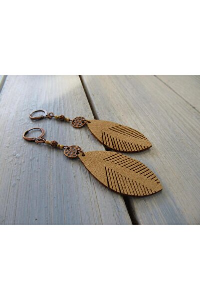 SİASİA Ahşap Görünümlü Yaprak Model Sallantılı Bohem Küpe