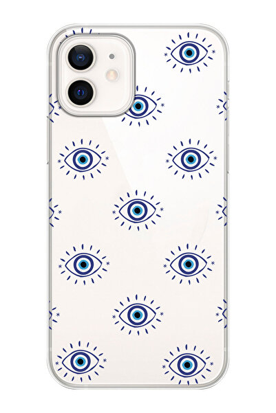 shoptocase iPhone 12/12Pro Uyumlu Nazar Boncuklu Gözler Desenli Şeffaf Siliko...