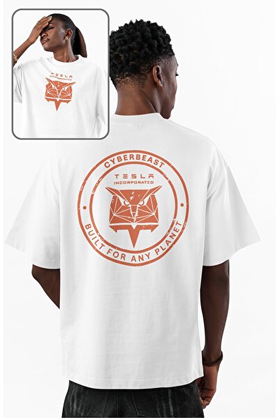 Fuddy Moda تي شيرت مطبوع عليه ظهر تسلا للجنسين، تي شيرت كبير الحجم بطابع السيارة