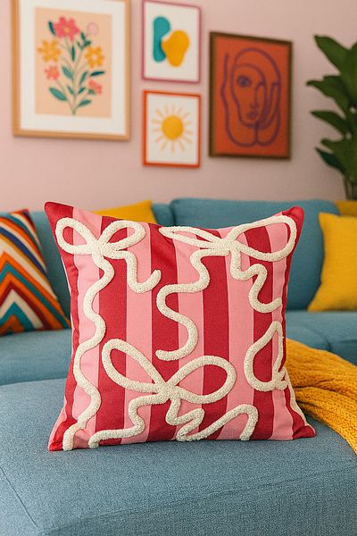 Pilloveland Punch Embroidered Throw Pillow Case - 43*43 cm - Pink Bow